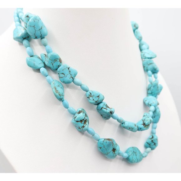 Dyed Turquoise Howlite Double Strand Silver Tone Necklace 18" Boho Southwestern - Picture 2 of 5